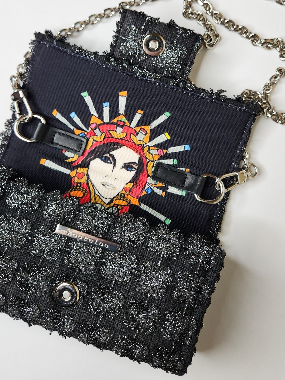 Kooreloo Sparkle Black Tweed Mini Crossbody Bag with Graphic Interior